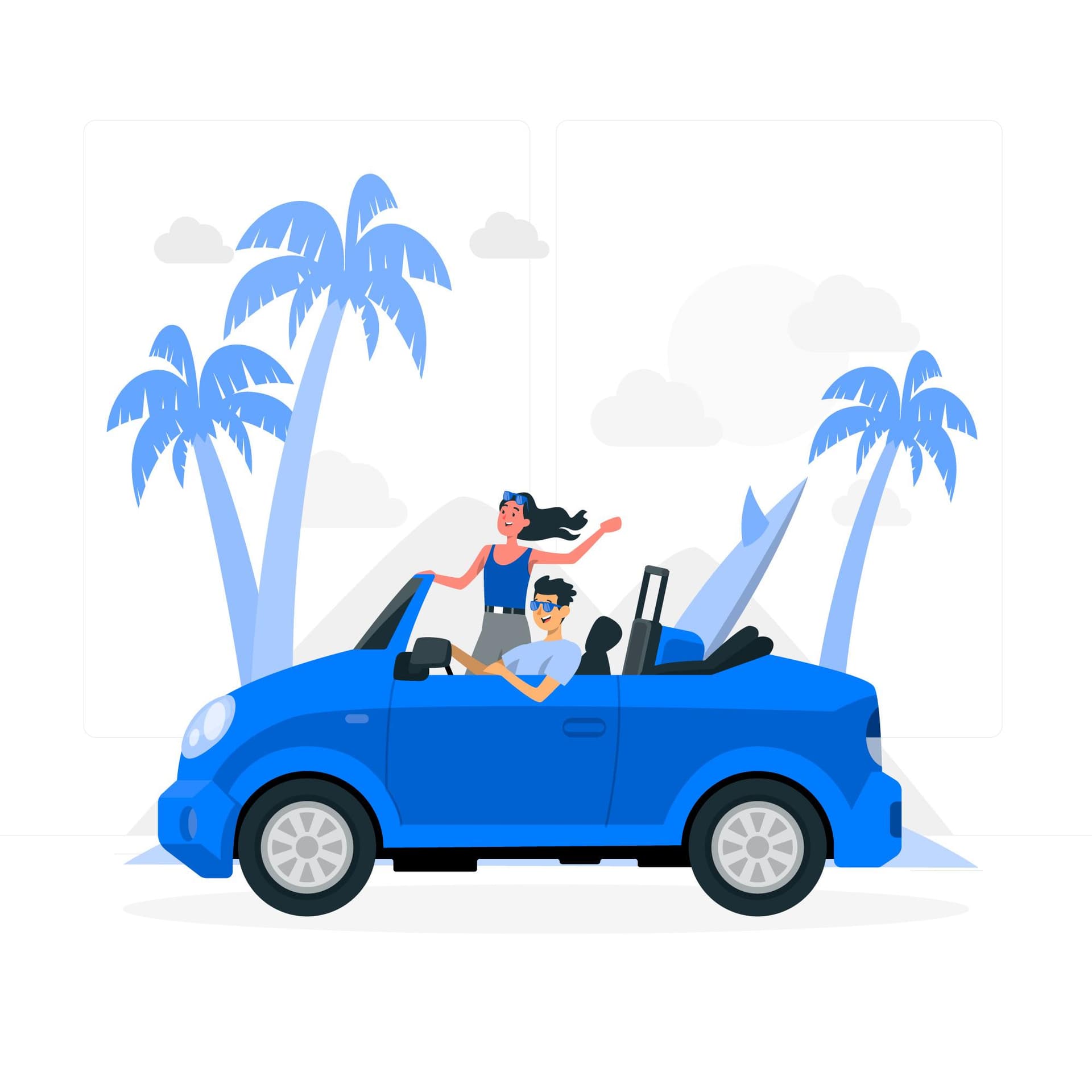 Road trip illustration showing a blue convertible car with people enjoying their vacation